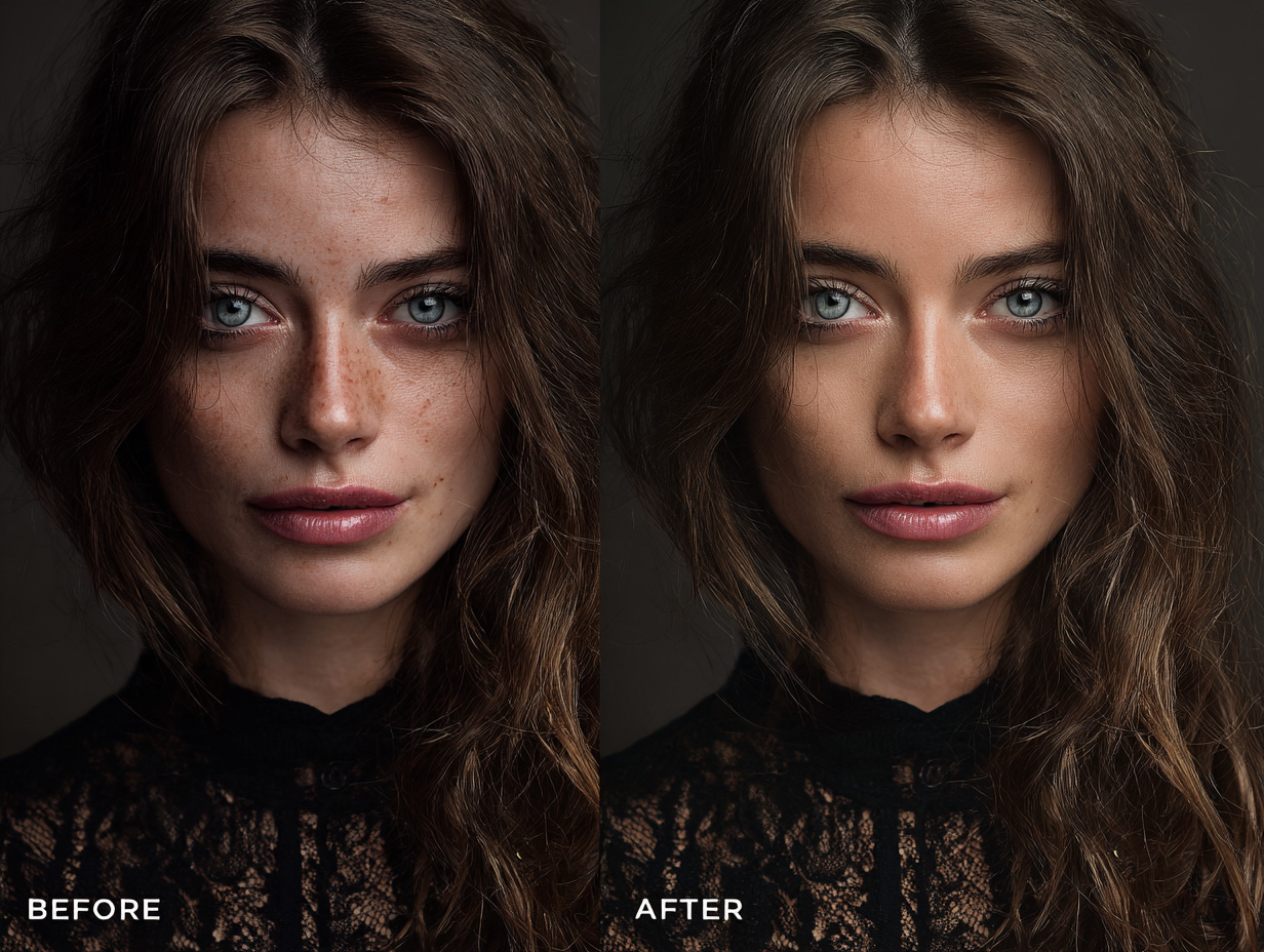 Side-by-side portrait comparison of a woman’s face before and after enhancement. The “before” image shows natural skin texture with freckles and uneven tone, while the “after” image shows smoother skin, more even complexion, and refined facial details under the same lighting.