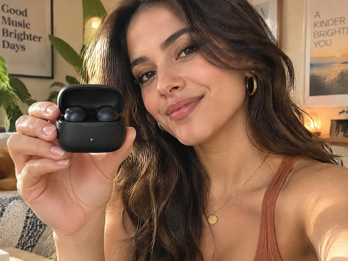 woman holding a pair of earbuds