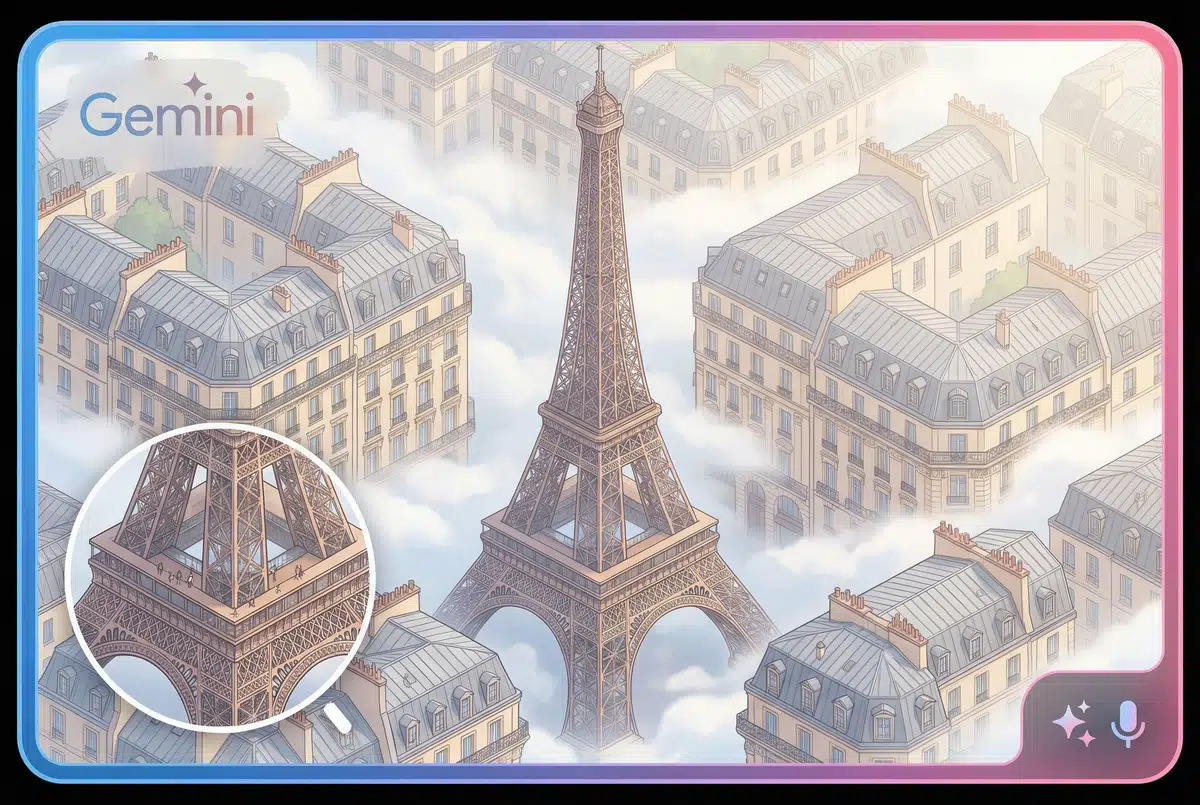 Gemini generated illustration of the Eiffel Tower above a foggy Paris cityscape.