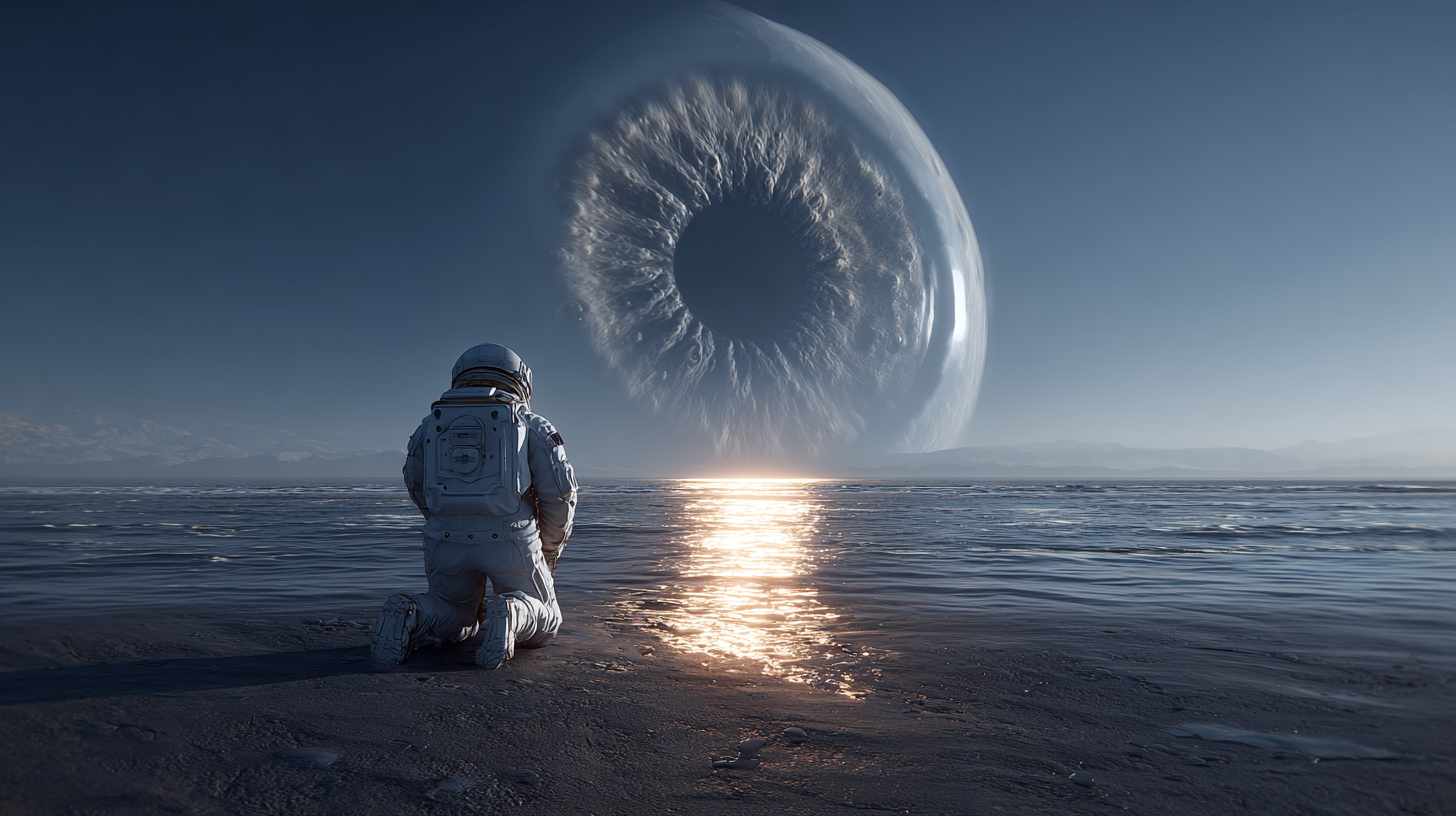 A lone astronaut kneels on a dark shoreline, facing a calm, reflective sea at twilight. In the sky above the horizon looms a massive, surreal celestial body shaped like a human eye, its iris-like texture glowing softly as light shimmers across the water toward the astronaut. The scene feels quiet, otherworldly, and contemplative, blending space exploration with cosmic surrealism.