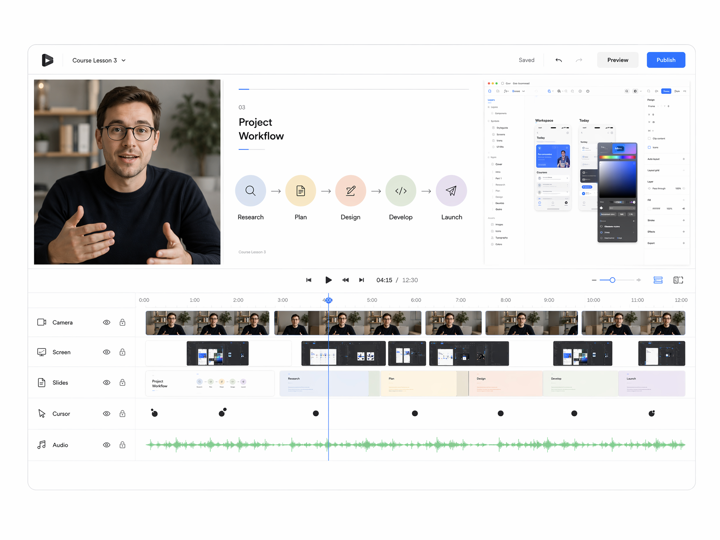 Course video editor with screen