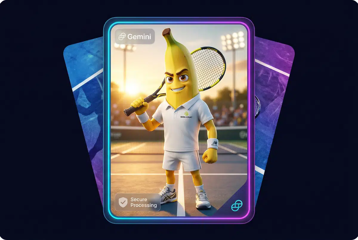 Gemini generated banana tennis player character with watermark.