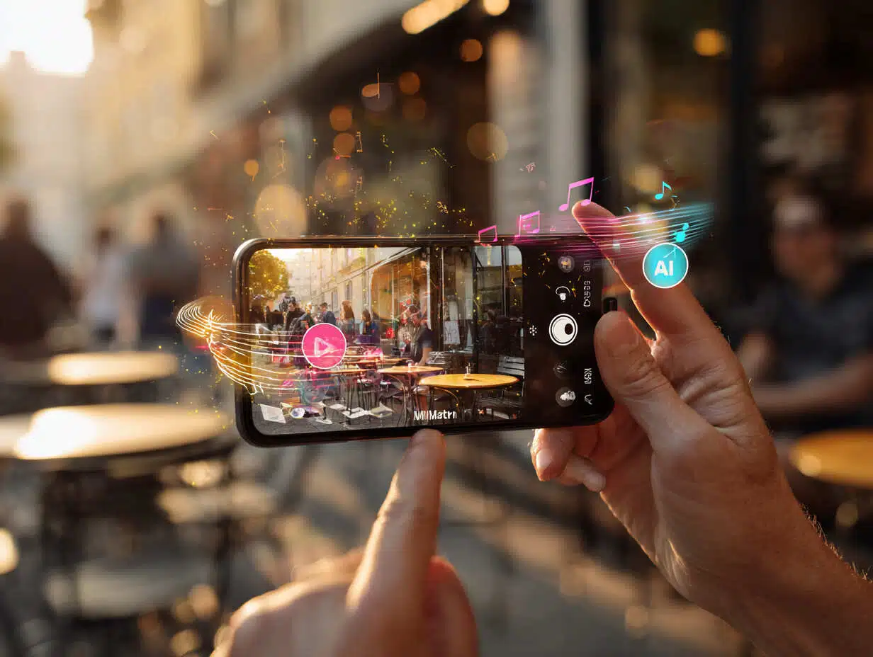 It shows a person holding a smartphone horizontally while recording or playing a video of a lively outdoor café scene. The background is softly blurred—tables, chairs, and people in a city street—giving a warm, urban atmosphere. On the phone’s screen, the café scene is clearly visible, with a prominent play or record button in the center.