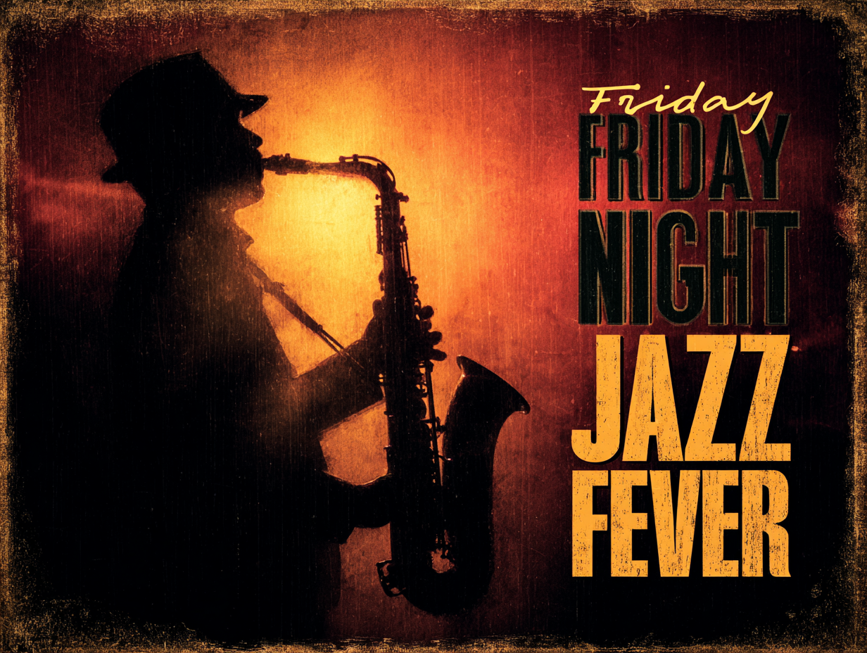 Vintage-style poster for a jazz music event titled “Friday Night Jazz Fever,” featuring the silhouette of a saxophone player against a warm, textured background.