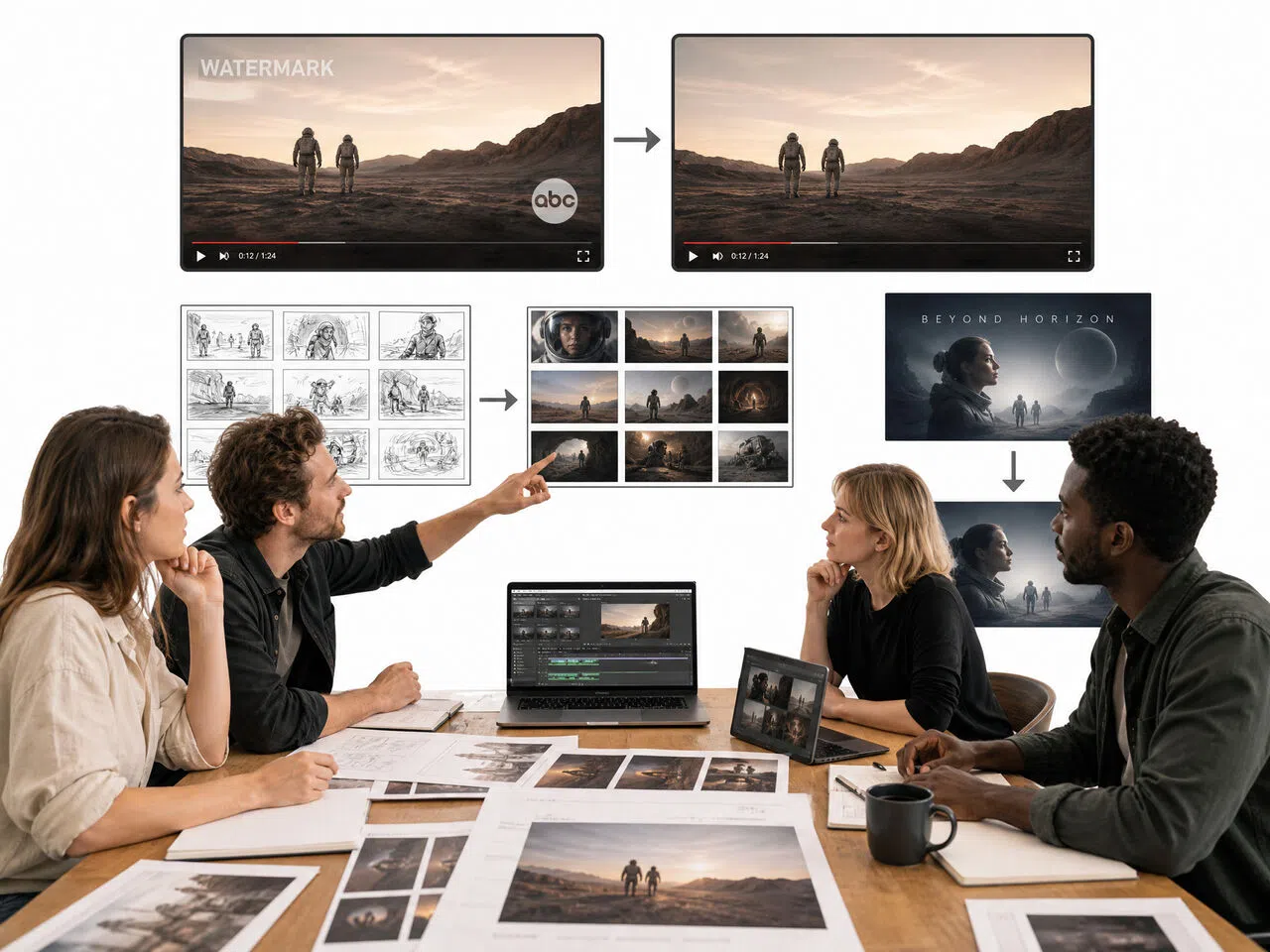 Creative team preparing watermark-free video assets