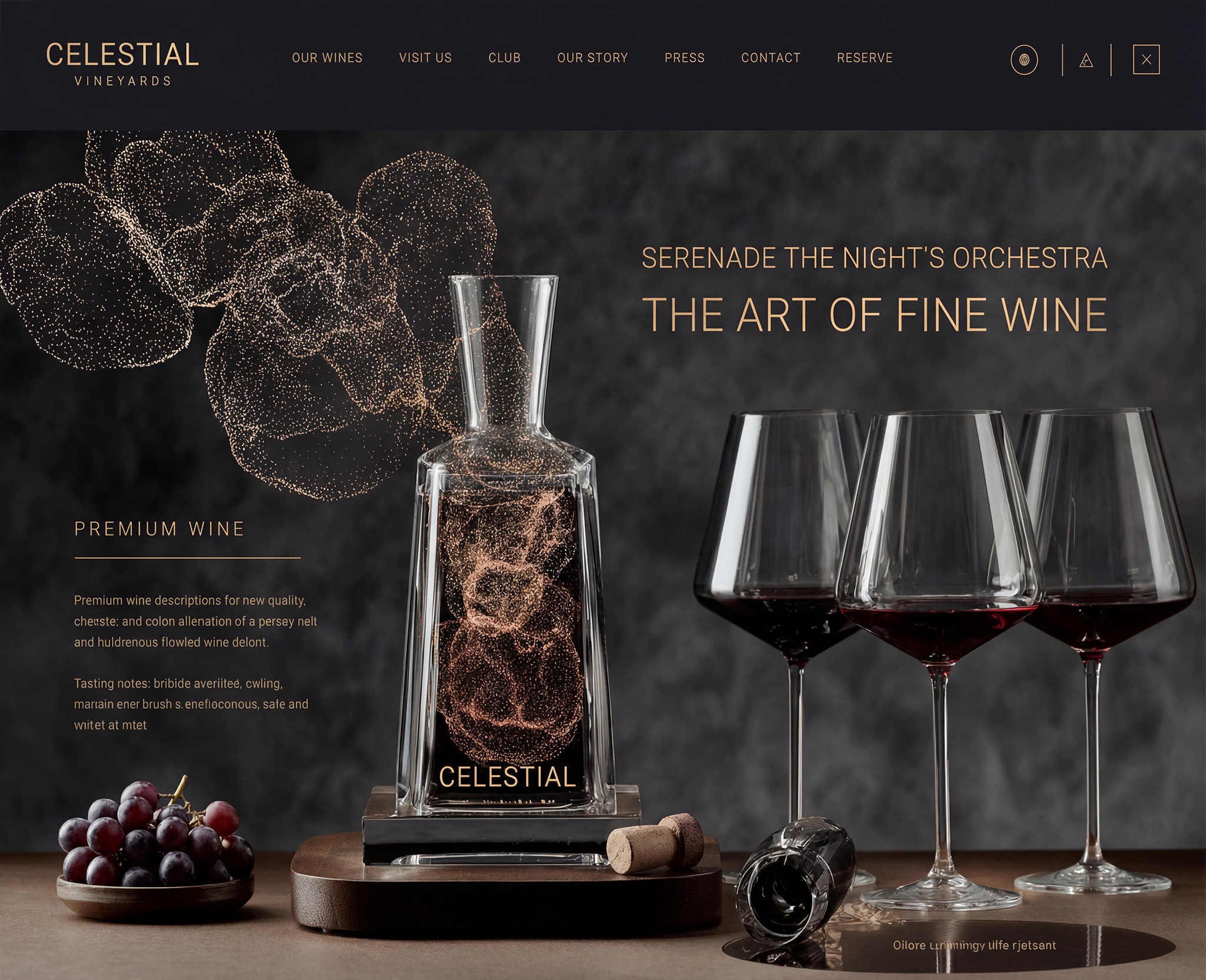 Luxury wine brand website hero image featuring a glass decanter filled with red wine, elegant wine glasses, grapes, and corks, presented in a dark, refined setting for Celestial Vineyards.