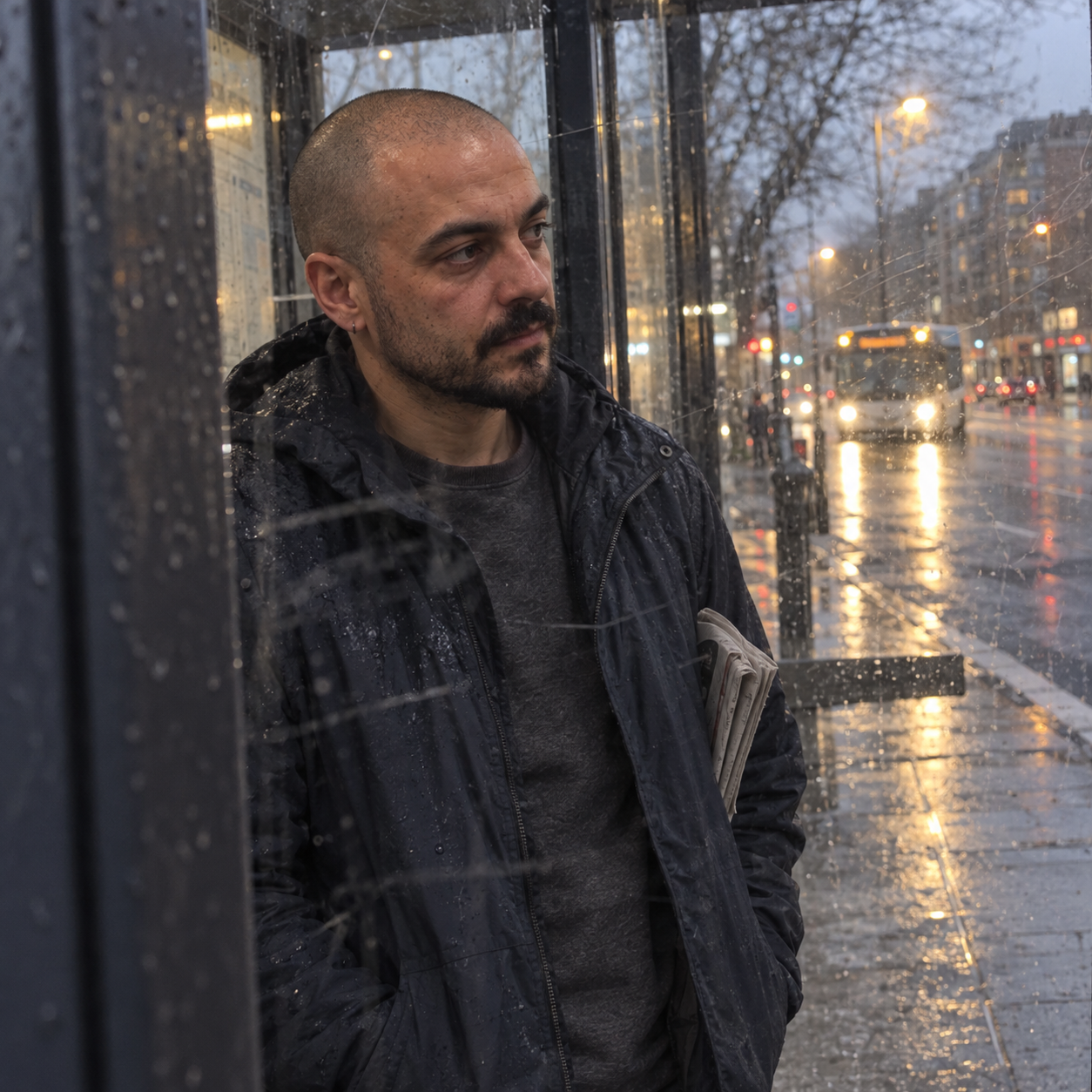 Daniel K. waiting at a rainy bus stop 尺寸：1254 × 1254。