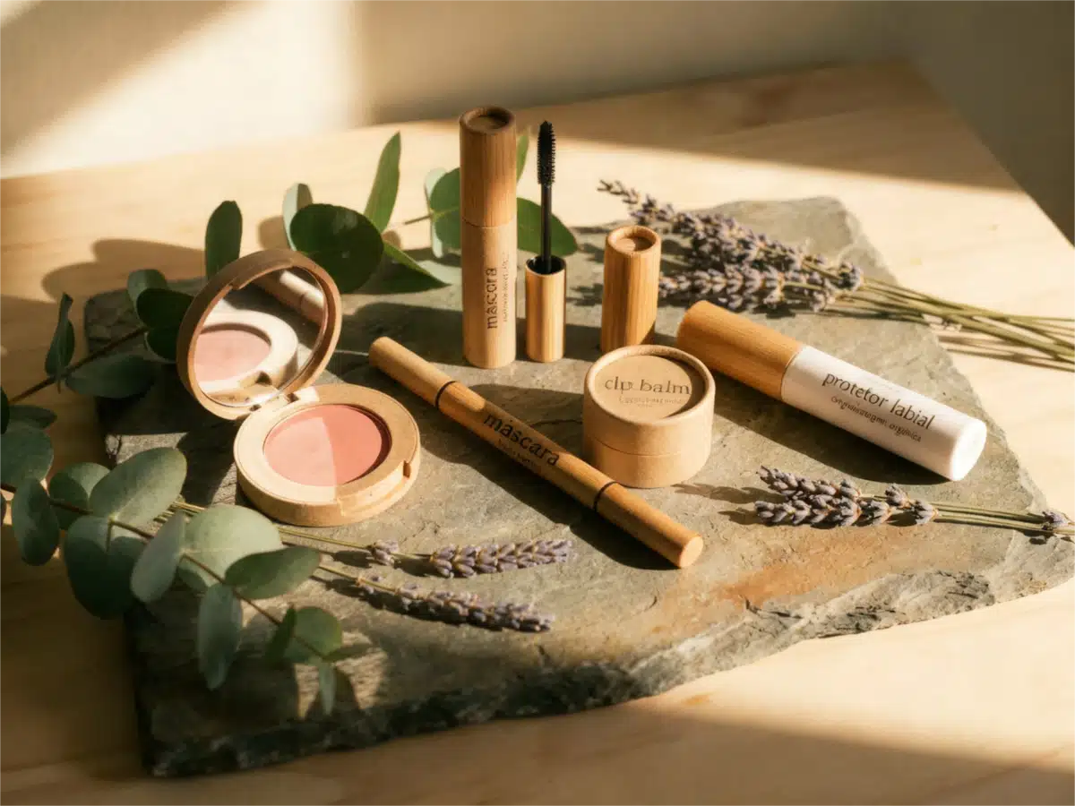 A mesma disposição de produtos de maquiagem em embalagens de bambu, mas com uma iluminação quente e solar, destacando os tons naturais da madeira e as cores suaves dos cosméticos.