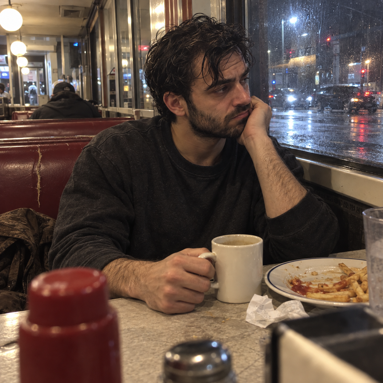 Alex M. sitting in a late-night diner 尺寸：1254 × 1254。