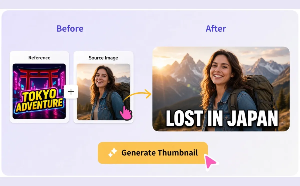 Before and After: reference style plus source photo into travel thumbnail