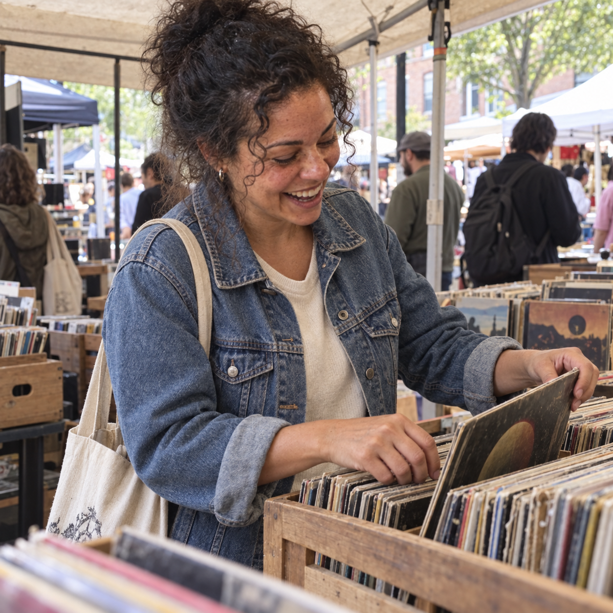 Maya R. browsing records at a street market