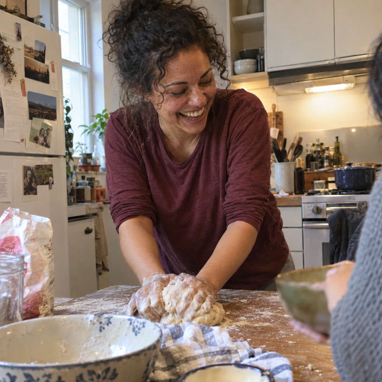 Maya R. making bread with friends at home