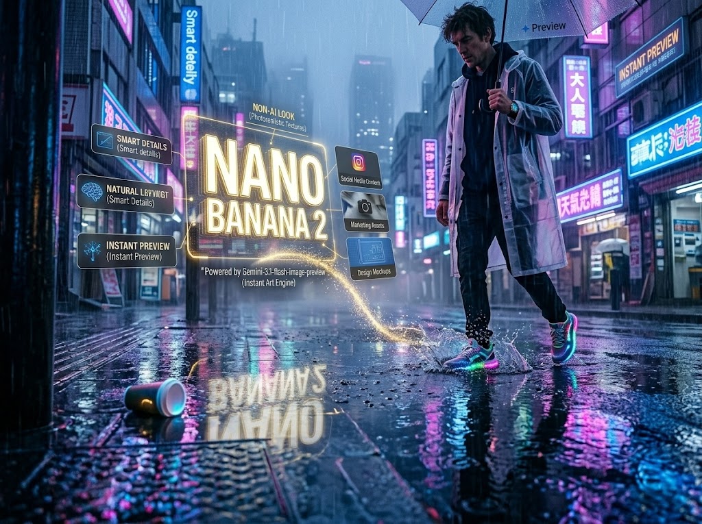 ano Banana 2: A rainy cyberpunk street in Neo-Tokyo featuring an instant AI image preview of a walker with LED shoes, powered by Gemini-3.1-flash-image-preview.
