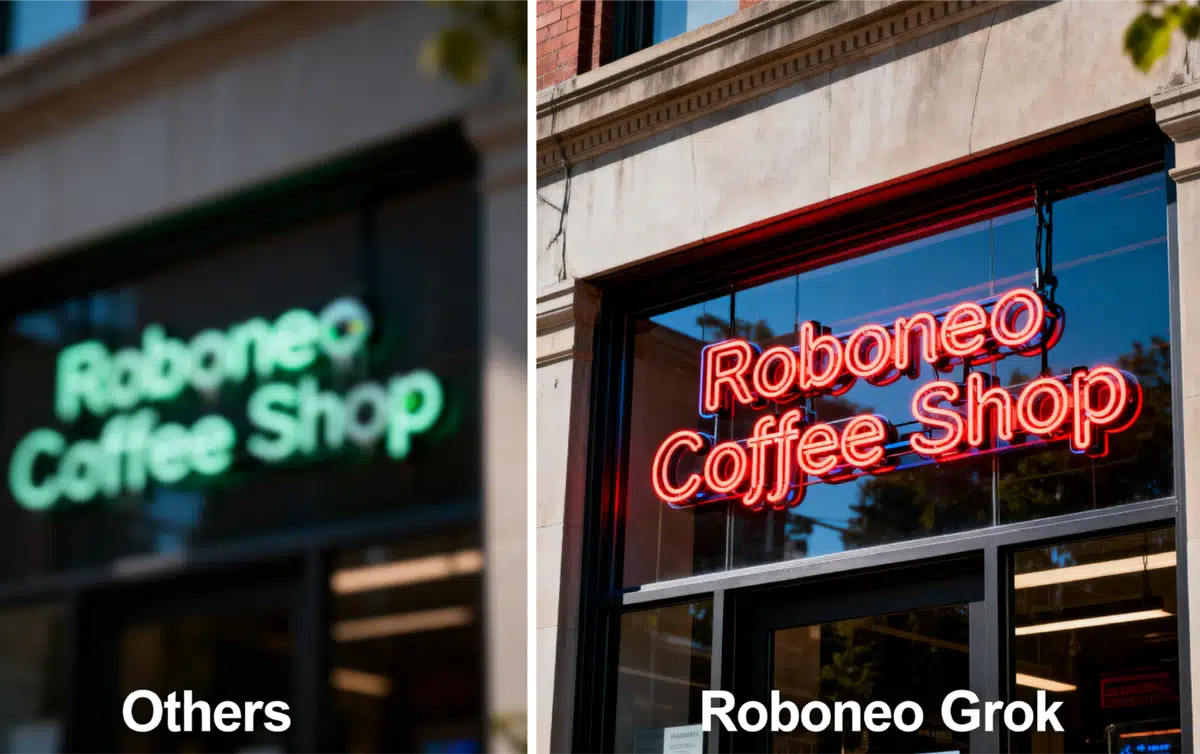 A split-screen comparison. Left side (labeled "Others"): A blurry storefront sign with unreadable alien text. Right side (labeled "Roboneo Grok"): A sharp, photorealistic storefront sign that clearly reads "Roboneo Coffee Shop" in neon lights. The reflection on the window is perfect. High contrast, realistic lighting.