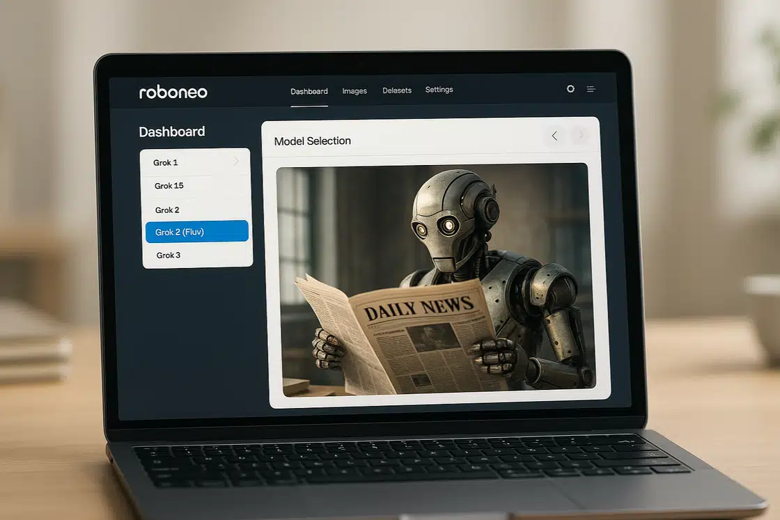 A high-quality UI mockup of the Roboneo web dashboard on a laptop screen. The "Model Selection" dropdown menu is open, highlighting "Grok 2 (Flux)" as the selected option. On the canvas area, a witty, high-quality AI image of a robot reading a newspaper is being generated. The background is a clean, modern creative studio. 8k, product photography style.