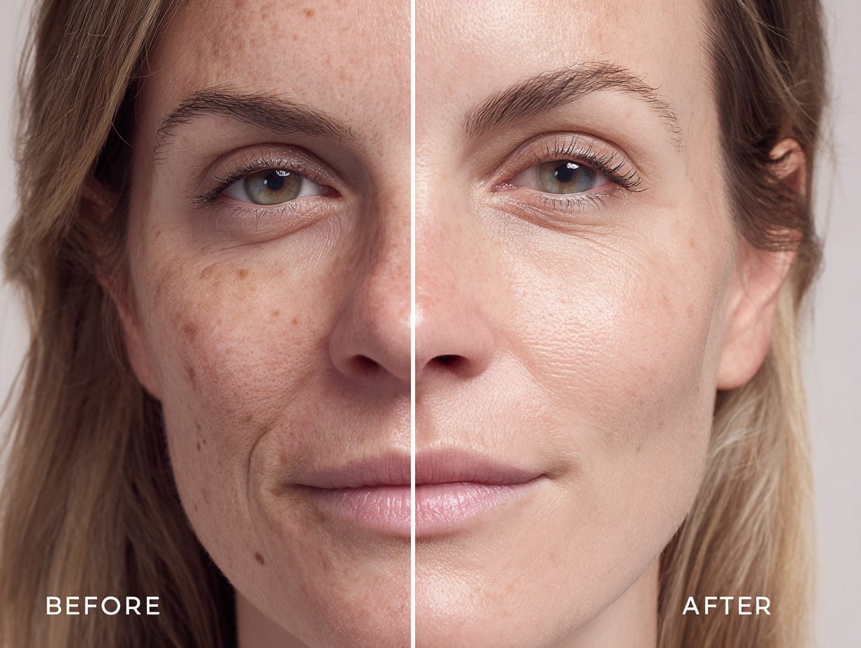 Side-by-side portrait of a woman before and after makeup enhancement. The left image shows a natural look with minimal makeup and soft skin texture, while the right image shows a polished appearance with even skin tone, defined features, and bold red lipstick under the same lighting and background.