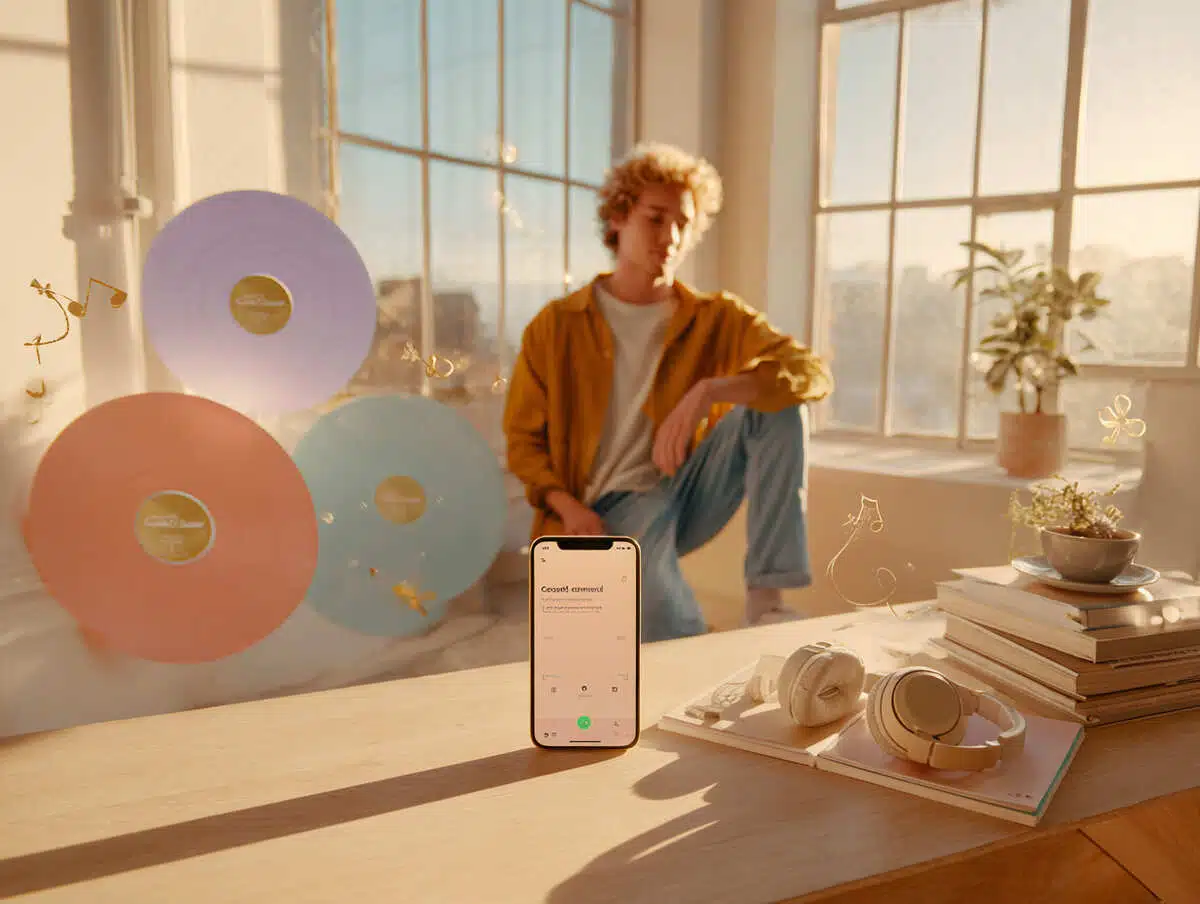 It shows a neatly arranged tabletop scene bathed in warm sunlight. At the center is a smartphone displaying a music or audio app with landscape imagery—suggesting playlists or soundscapes meant for relaxation or reflection. Across the wooden surface, shadows form flowing musical notes, as if the music has spilled out of the phone and onto the table.