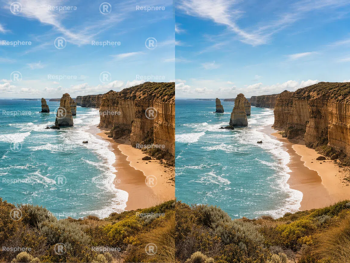 Coastal photo before and after watermark removal