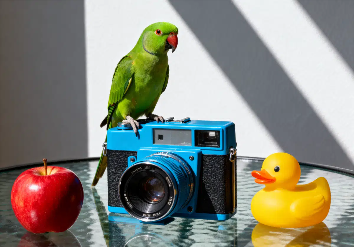 A complex, specific composition to test AI accuracy. A glass table with three distinct objects: a red apple on the far left, a vintage blue camera in the center, and a yellow rubber duck on the far right. A green parrot is perched on top of the camera. The lighting is sunny and casts sharp shadows. The arrangement is precise and uncluttered. 8k, photorealistic.