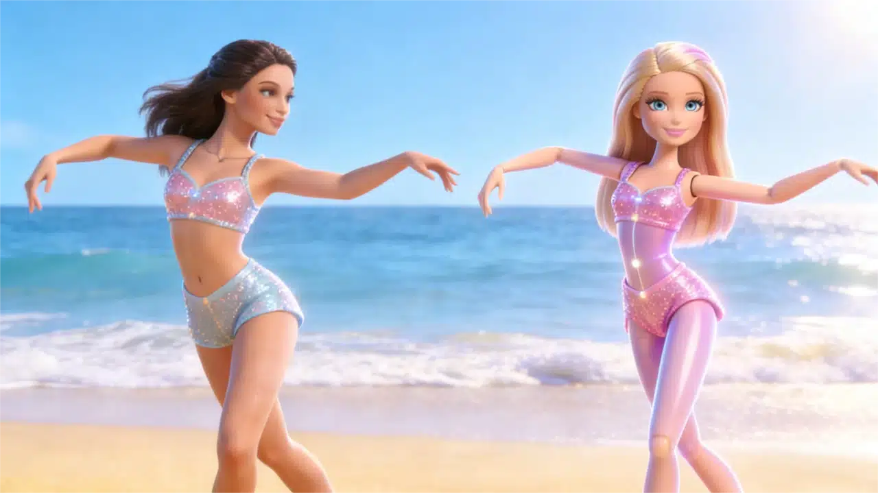 Duas personagens femininas estilo bonecas CGI dançando em uma praia ensolarada. Elas estão usando roupas de banho cintilantes em rosa e azul, posando no meio da dança com as ondas do mar ao fundo.