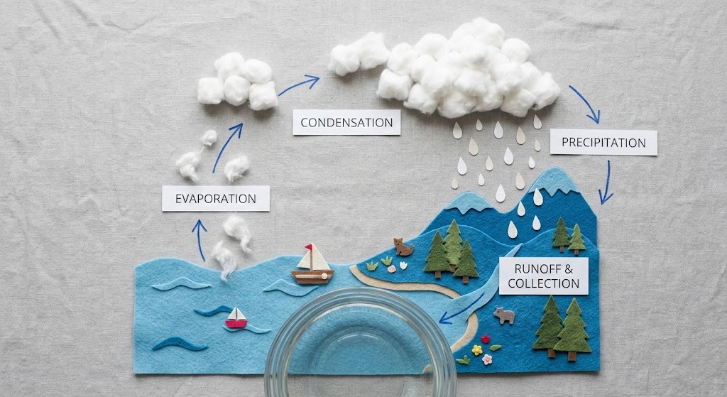 A high-resolution educational infographic for a masterclass, demonstrating how curated lighting on a felt and paper water cycle model makes complex scientific concepts clear and engaging