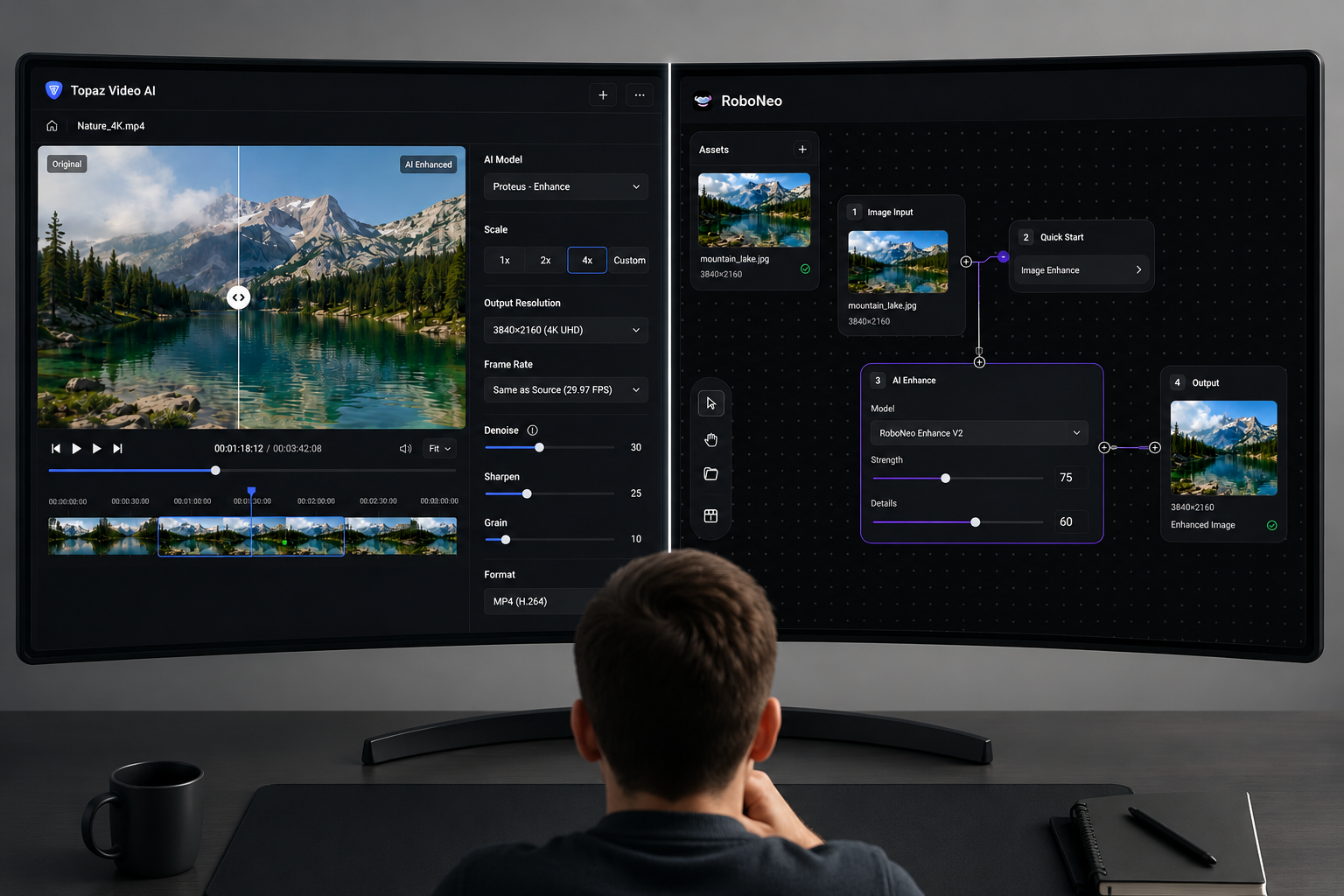 Topaz Video AI vs RoboNeo enhancement workflow