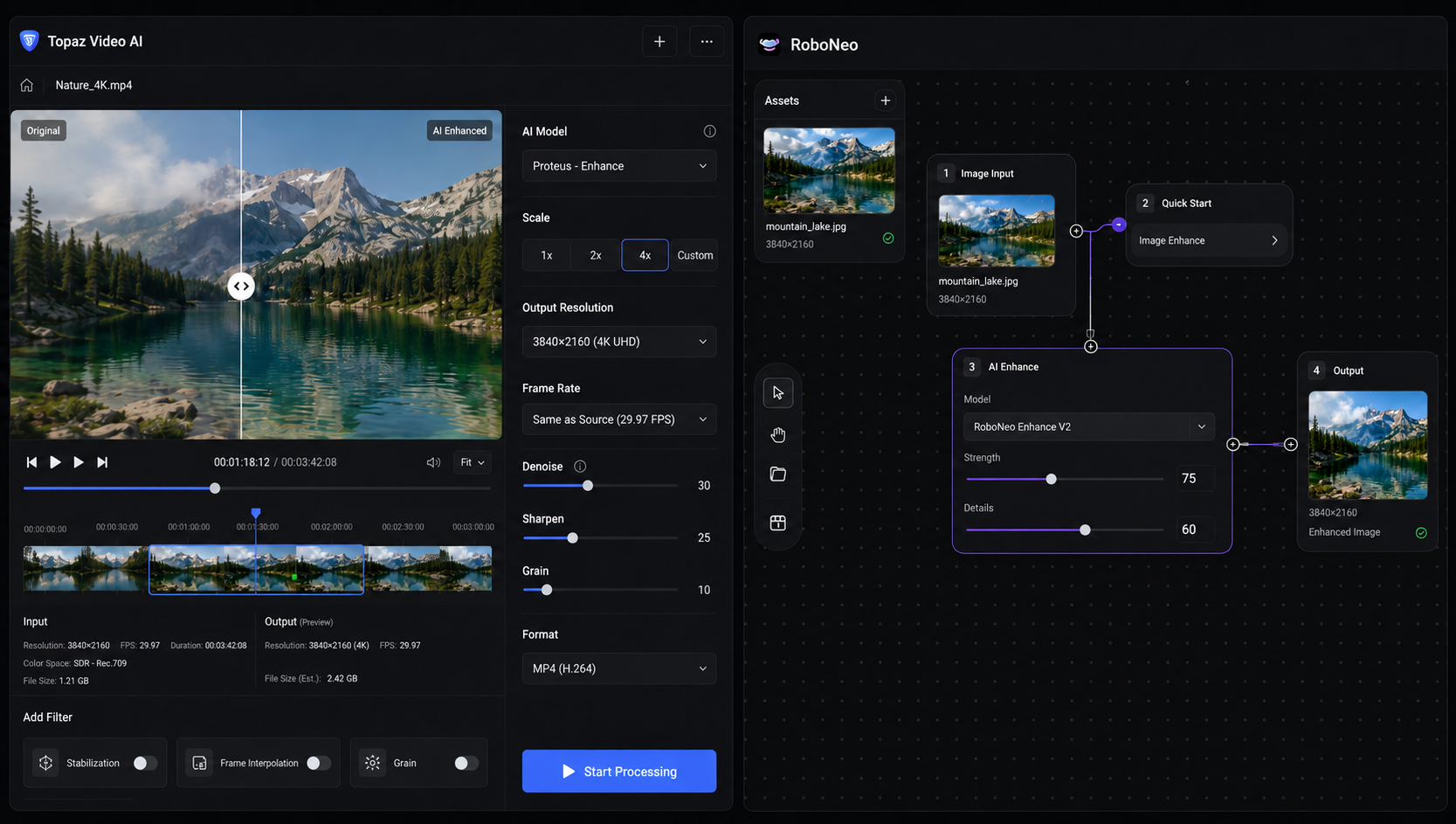 Topaz Video AI vs RoboNeo AI video enhancement