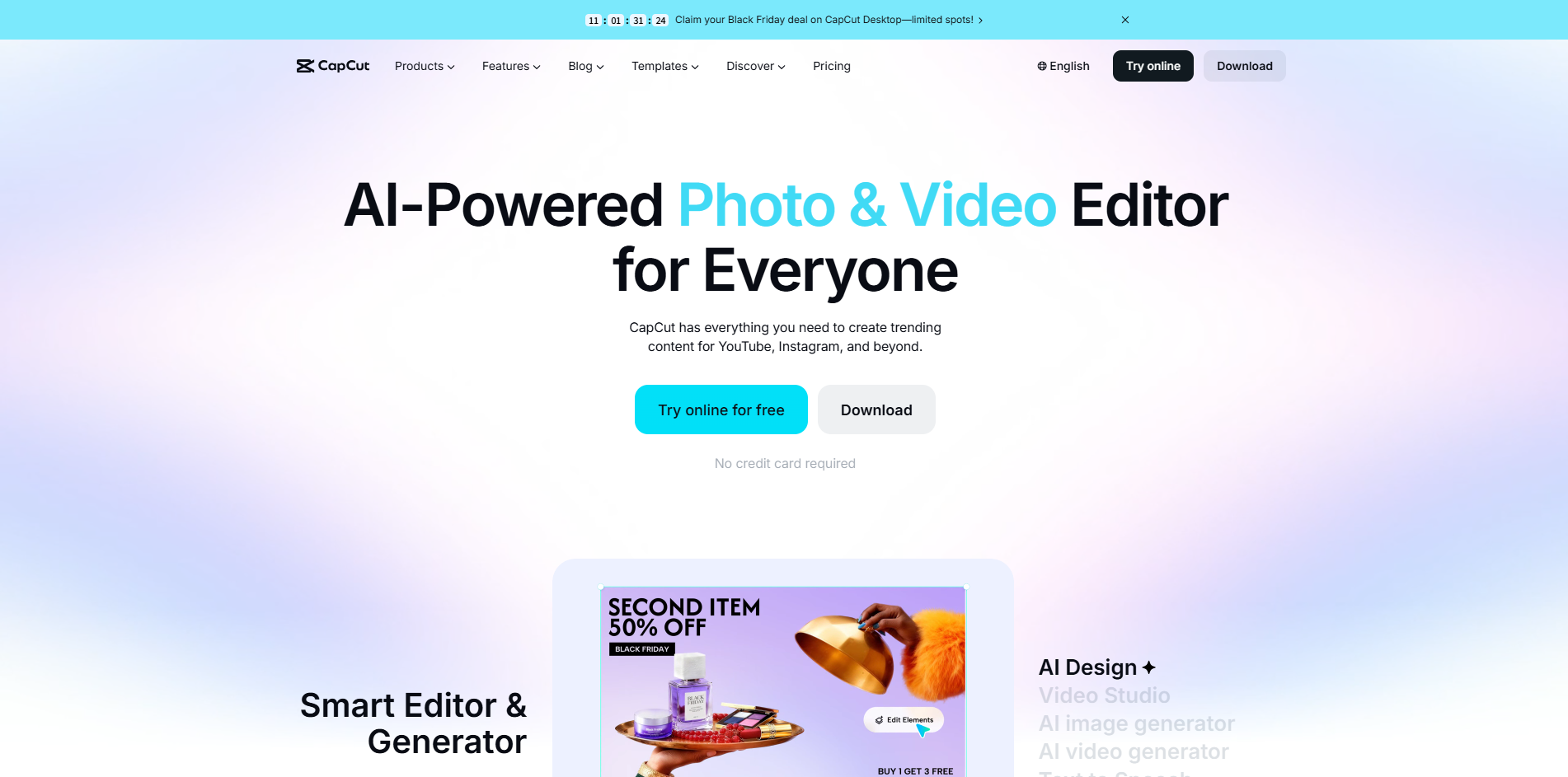 CapCut AI photo and video editor homepage