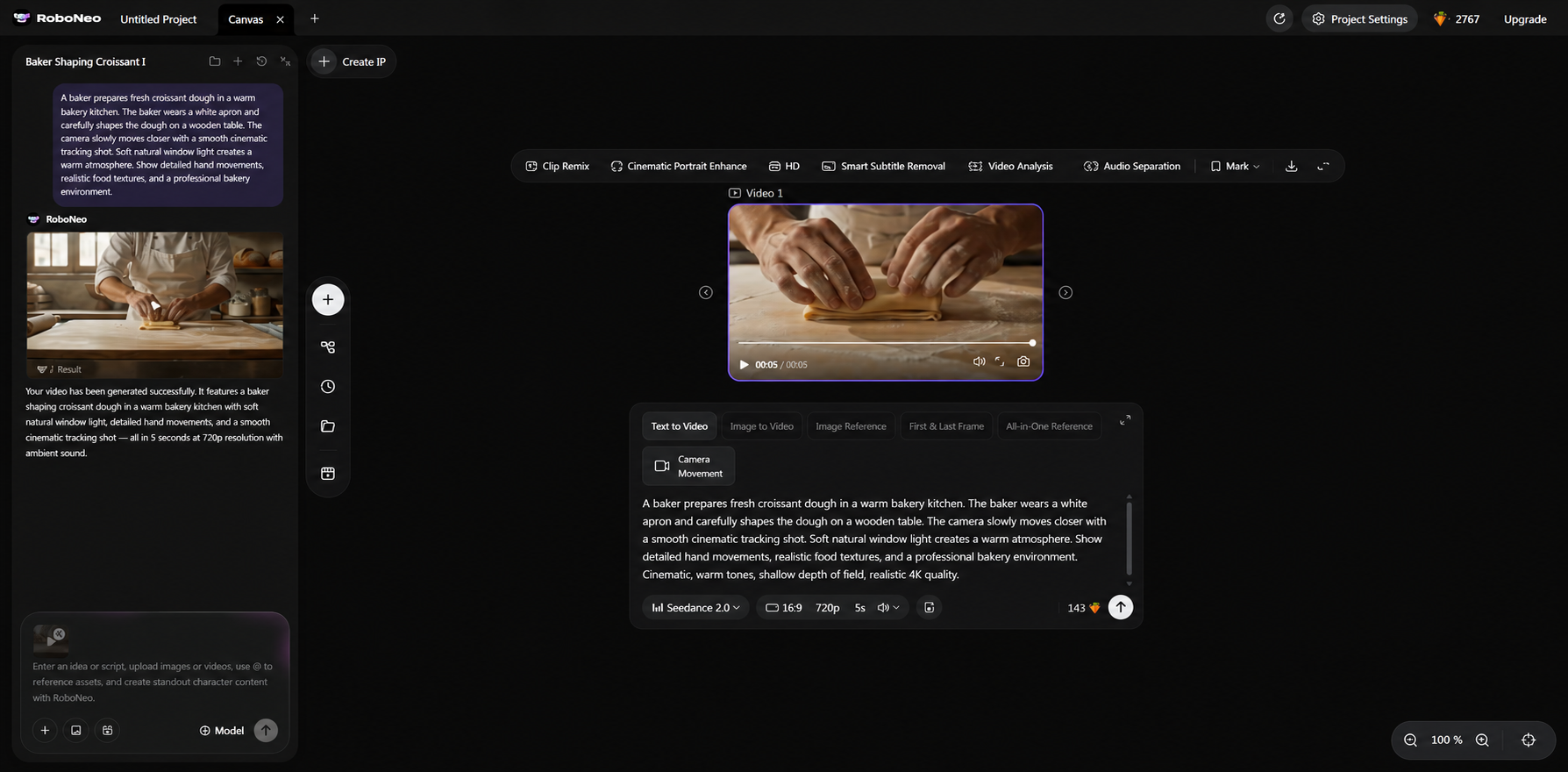 RoboNeo AI croissant video generation workspace RoboNeo AI croissant video generation workspace