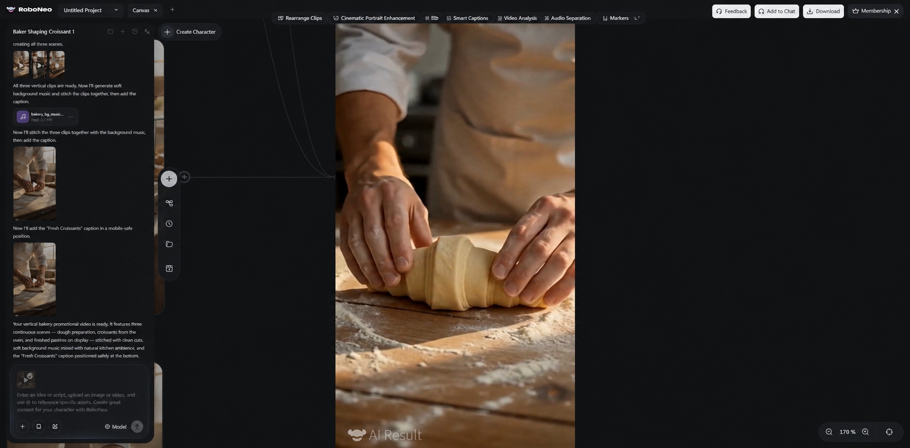 RoboNeo AI video editor creating a croissant ad RoboNeo AI video editor creating a croissant ad