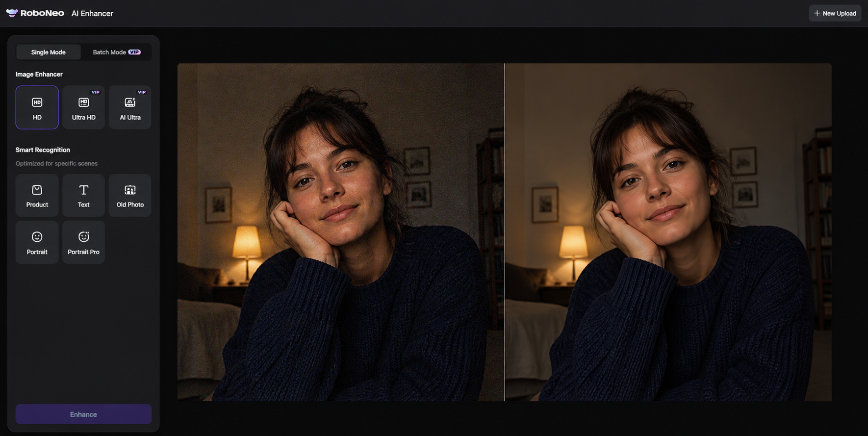 RoboNeo AI Enhancer cleans dark photo noise