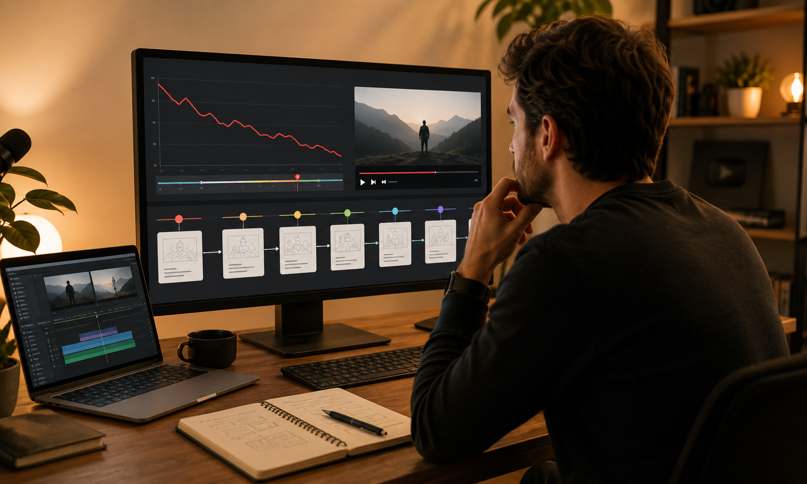 Creator editing a video storyboard on a large monitor