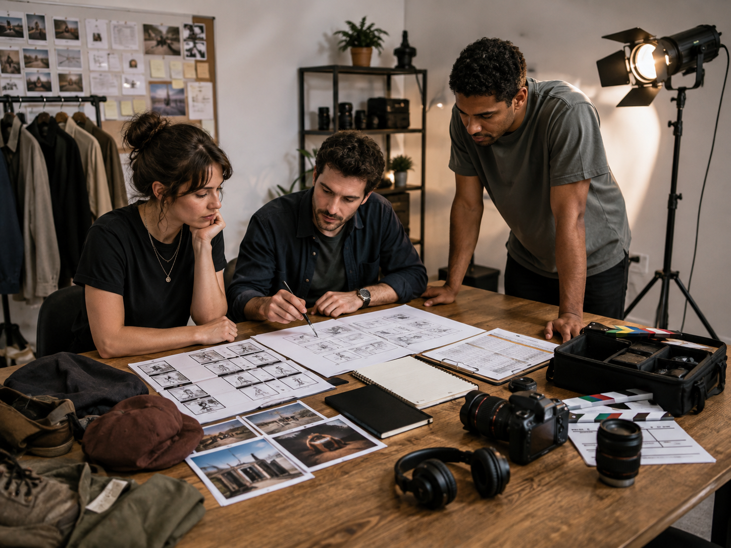 Film production team planning a storyboard Film production team planning a storyboard