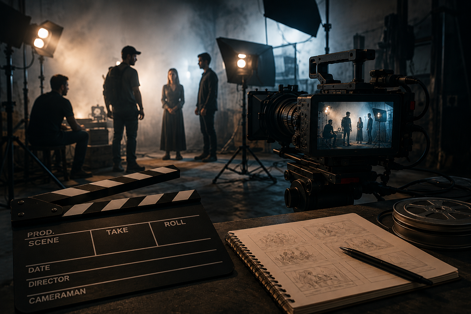 Movie production camera and storyboard Movie production camera and storyboard