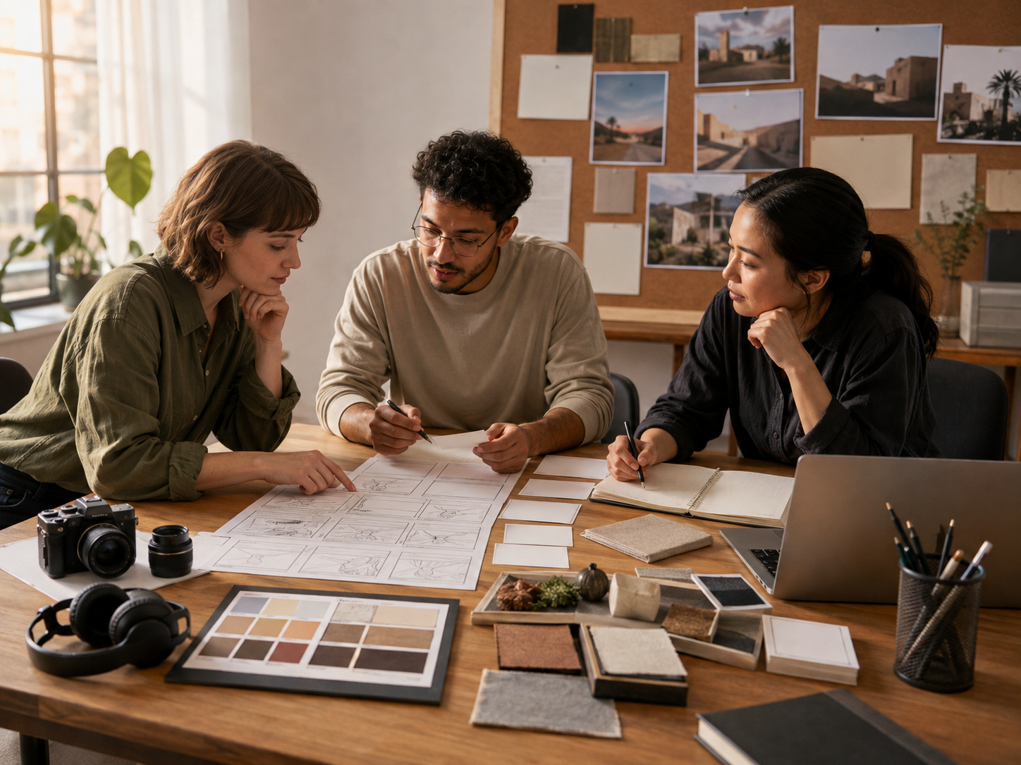 Movie production team planning storyboard Movie production team planning storyboard