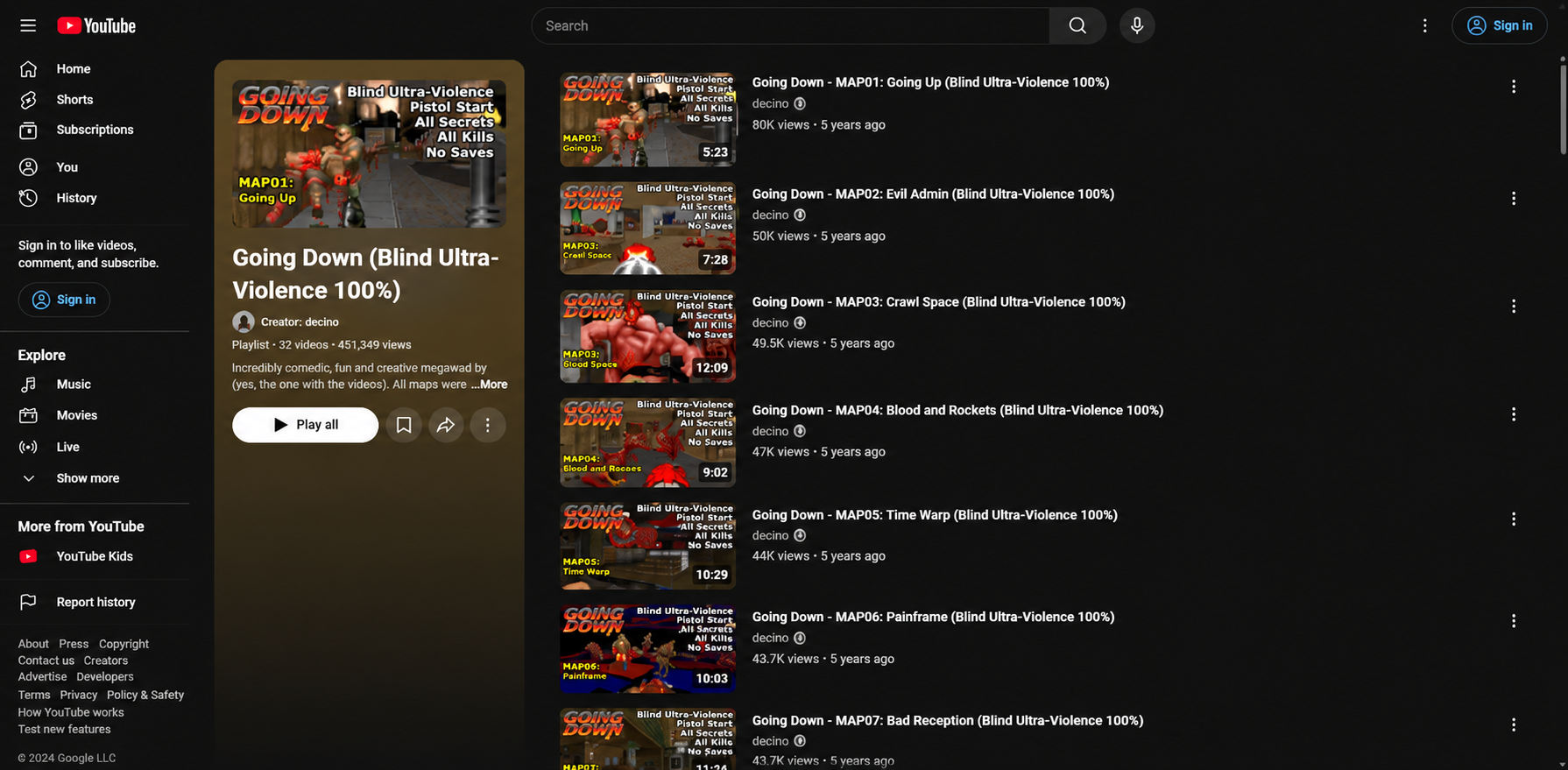 YouTube Going Down Doom gameplay playlist