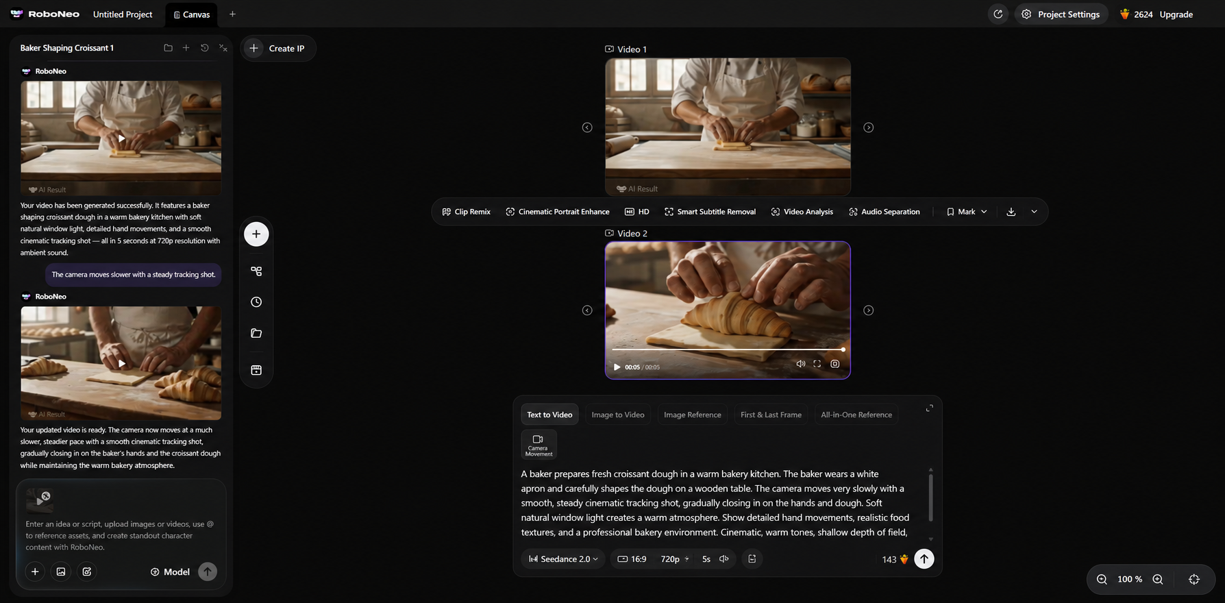RoboNeo dual-video AI editing workspace RoboNeo dual-video AI editing workspace