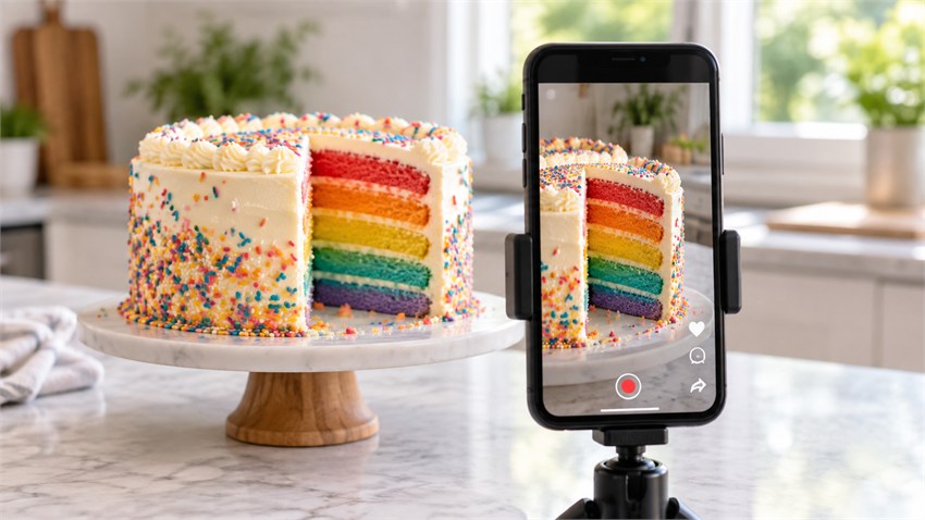 TikTok video filming a colorful cake reveal TikTok video filming a colorful cake reveal