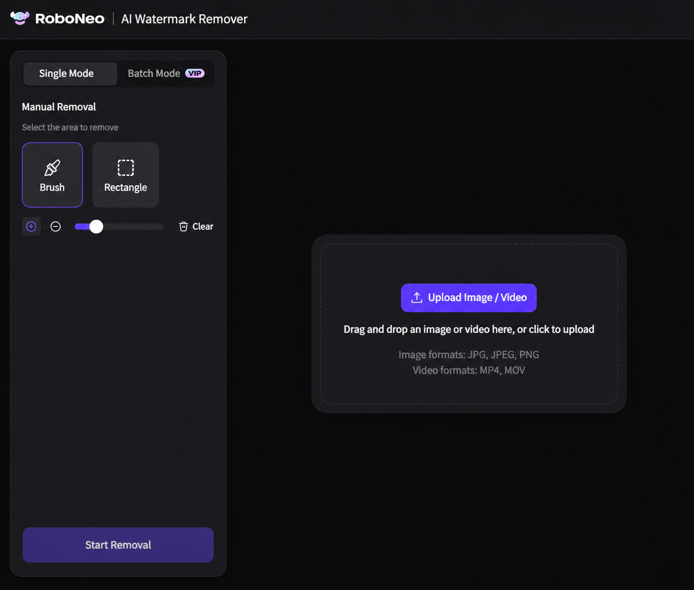 RoboNeo AI watermark remover upload