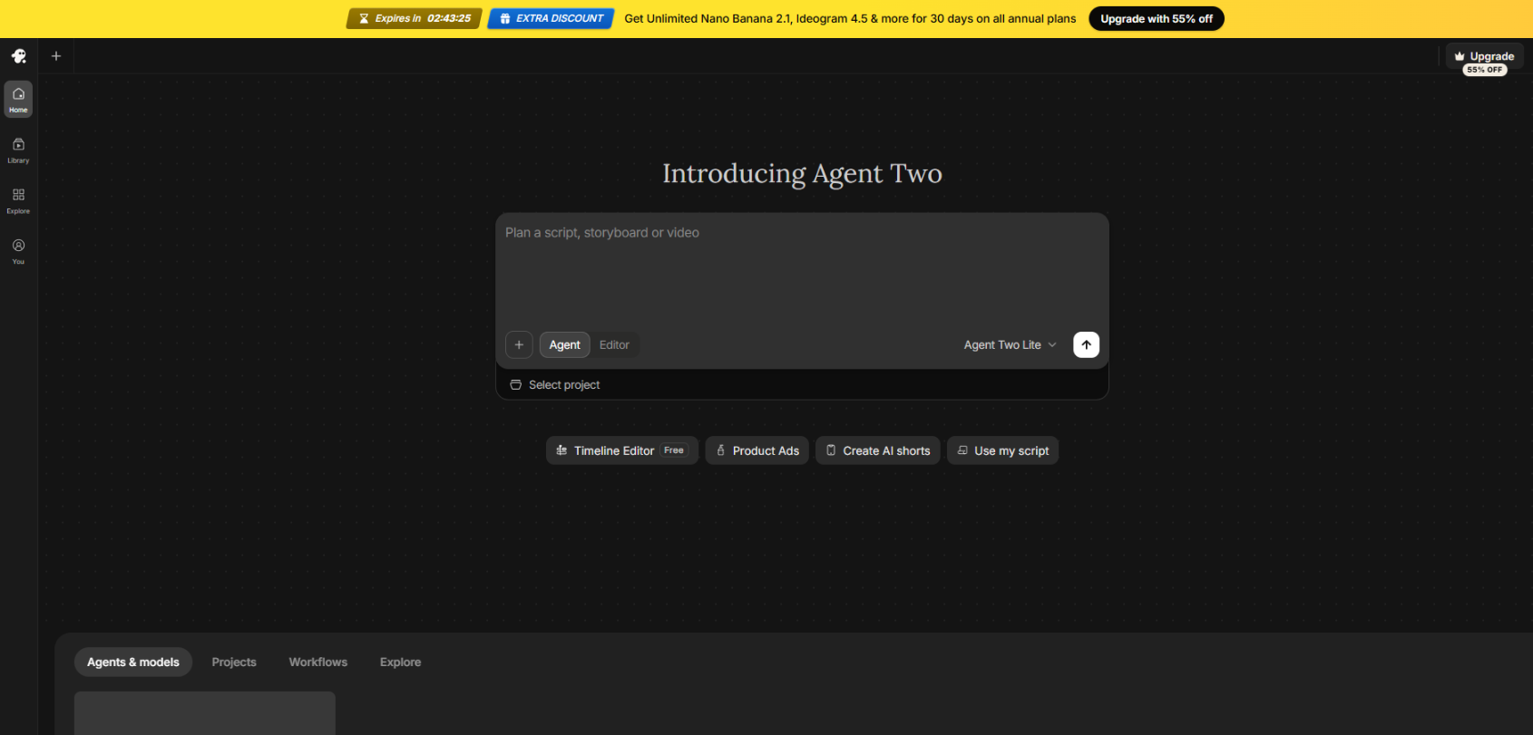 invideo Agent Two AI video creation workspace