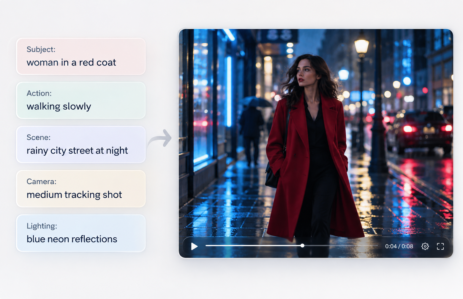 RoboNeo AI video maker rainy city tracking shot