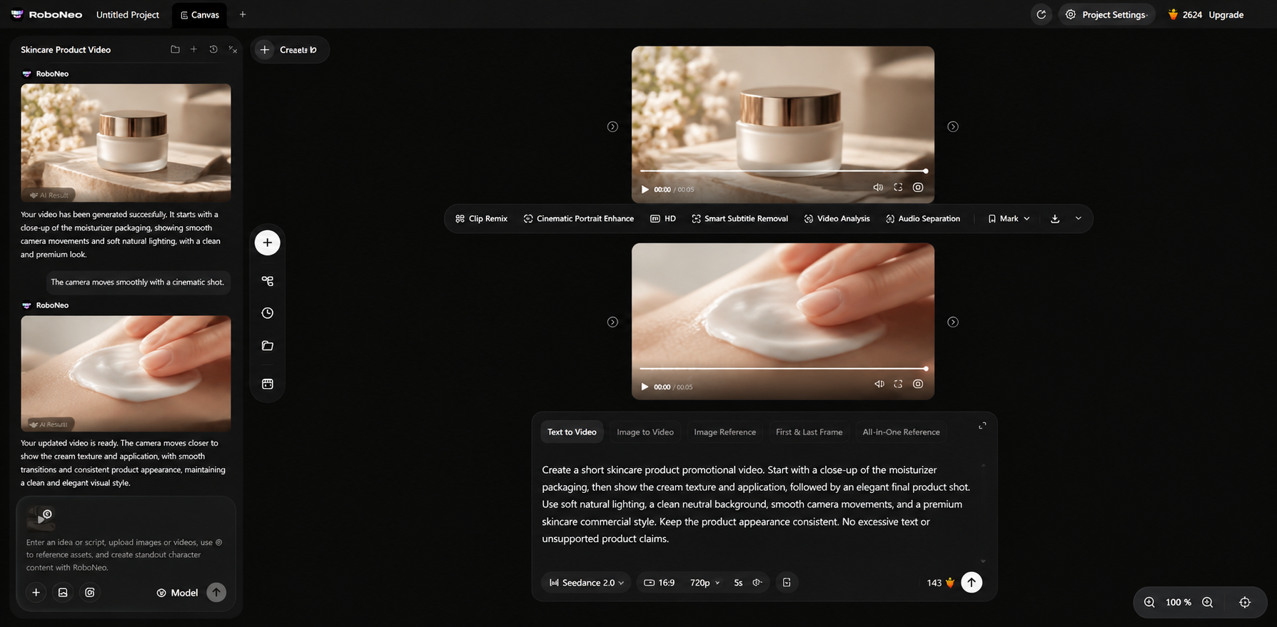 RoboNeo Seedance 2.0 AI skincare video generator