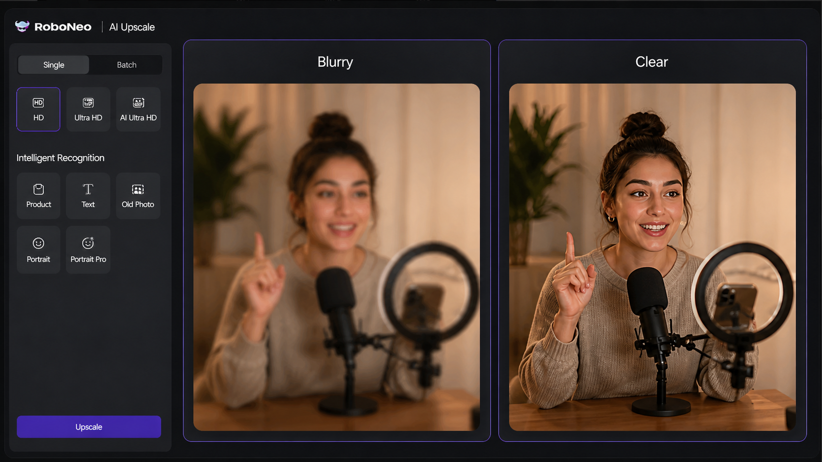 RoboNeo AI Upscale for blurry video enhancement