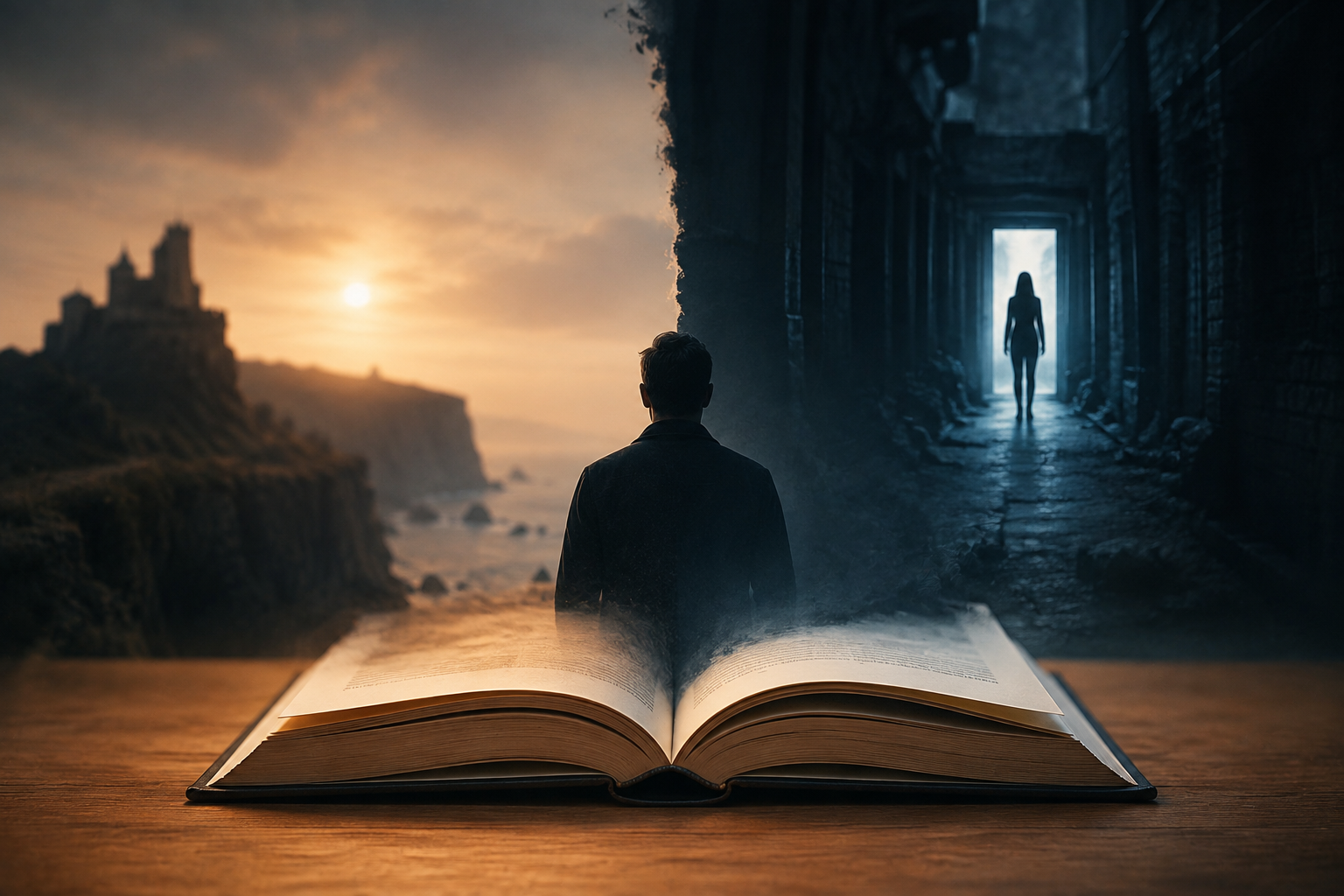 Cliffhanger story scene from an open book Cliffhanger story scene from an open book