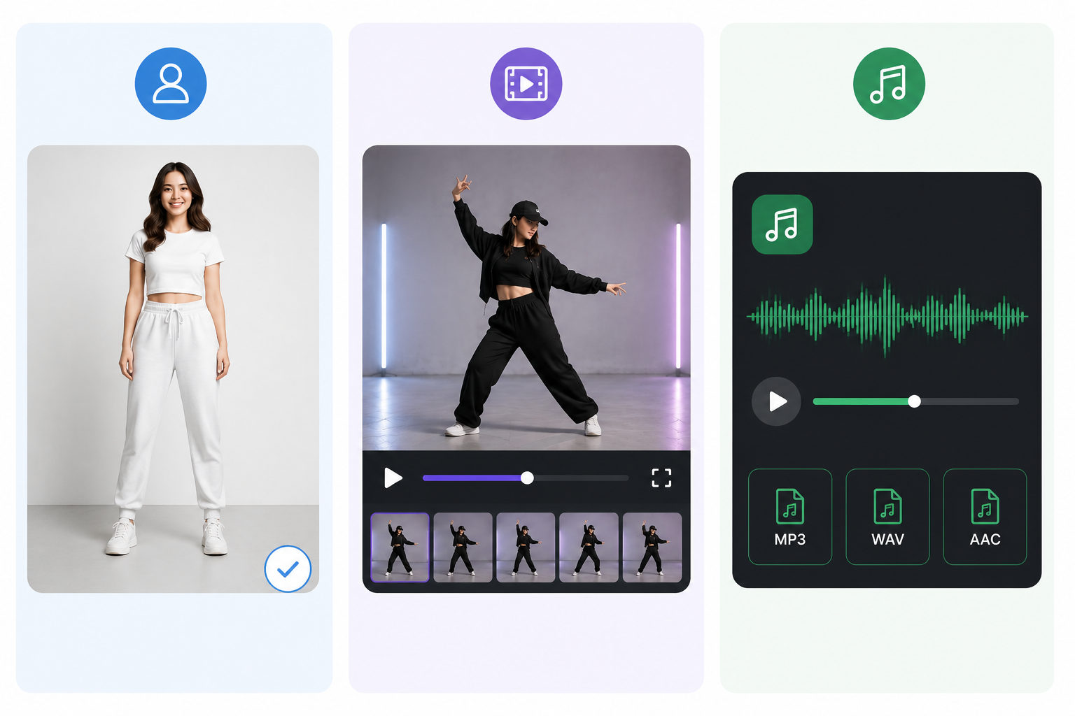 Photo, dance clip, and music for AI video creation