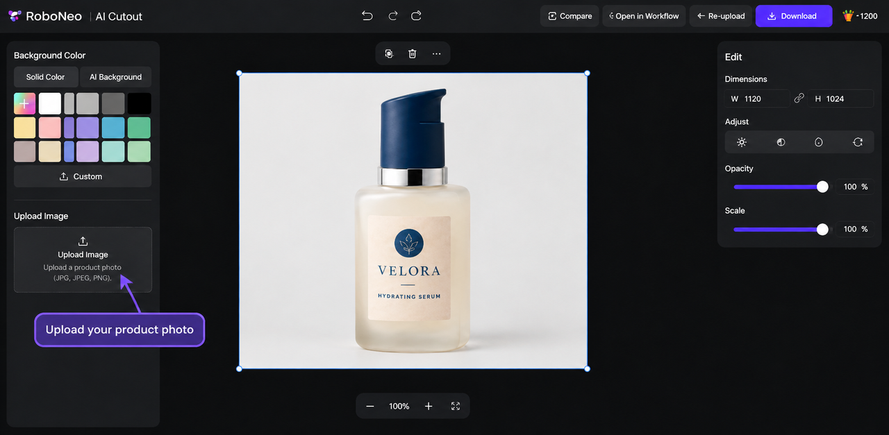Upload a product photo to RoboNeo AI Cutout