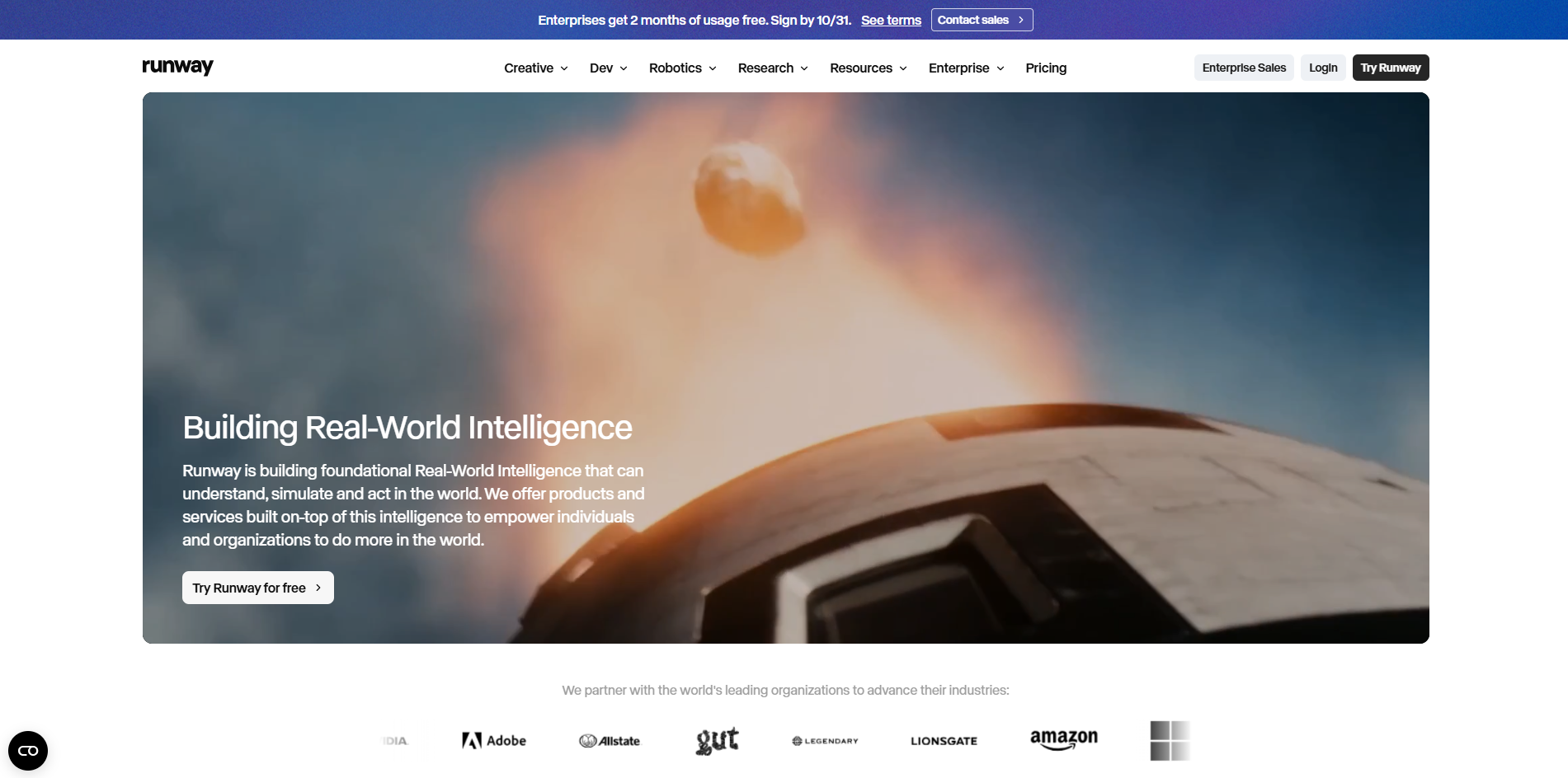Runway AI video generator homepage