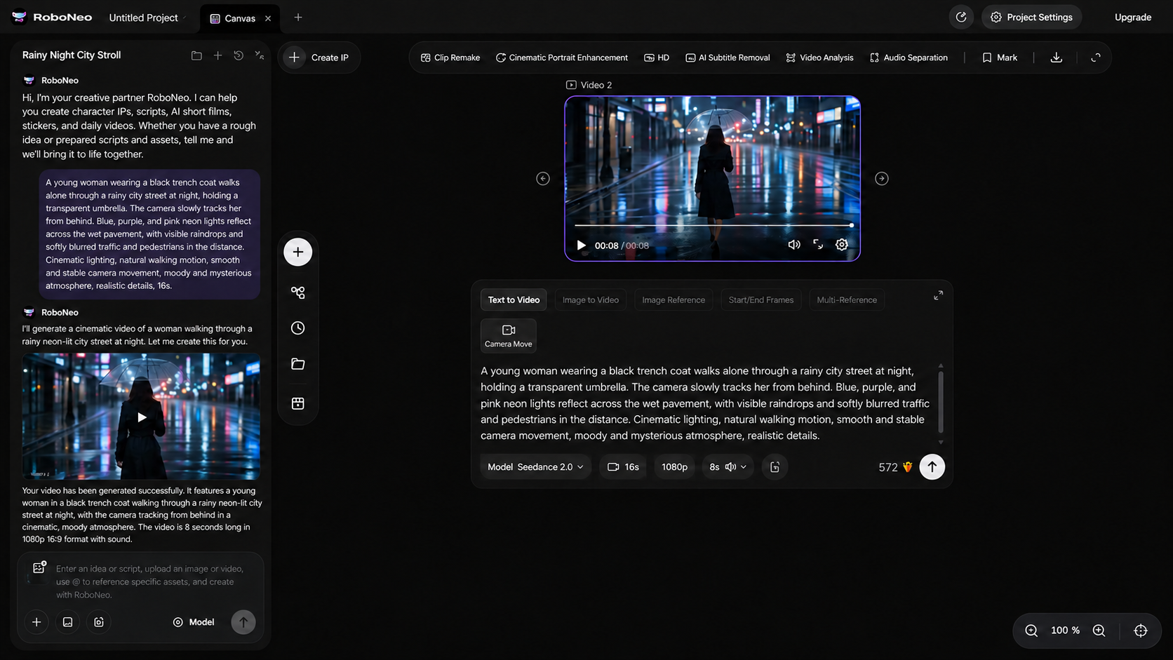 RoboNeo AI video maker rainy night video