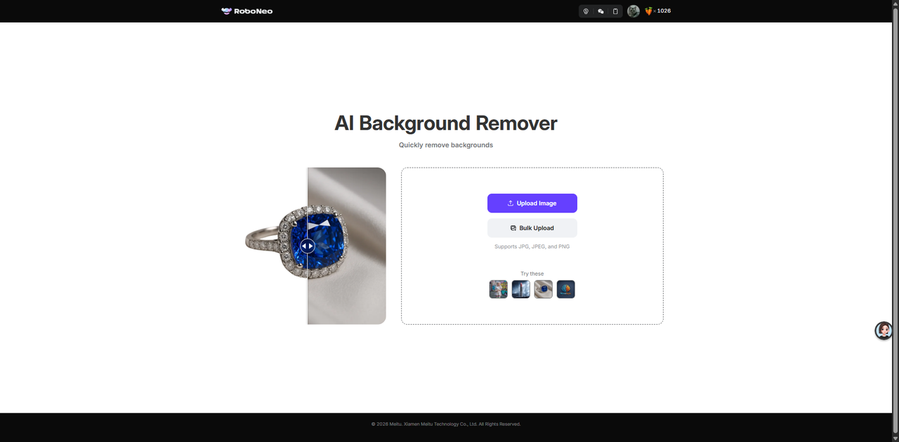 RoboNeo AI Background Remover upload interface
