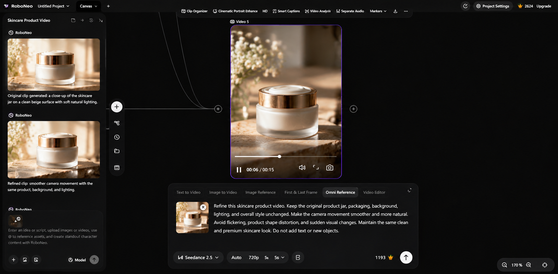 RoboNeo AI video refinement for skincare products